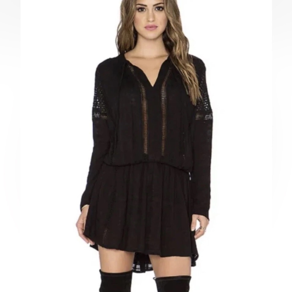 FREE PEOPLE Women's Black 'NOMAD' Peasant Boho Pintucked Mini Dress Small
